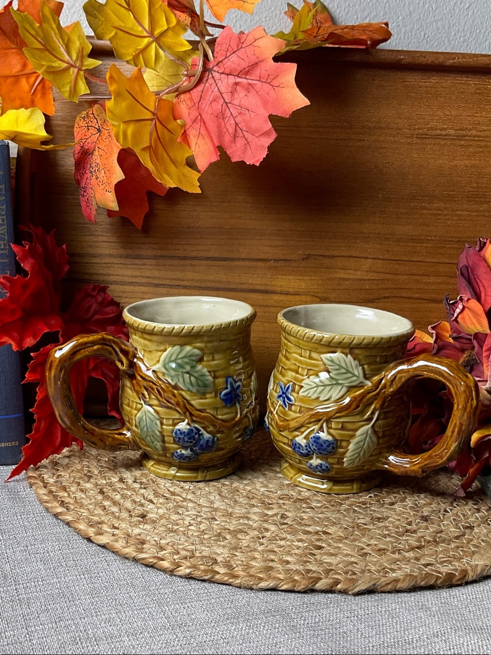 Rustic Cottage Hand Painted Berry Vine Ceramic Mugs Set of 2